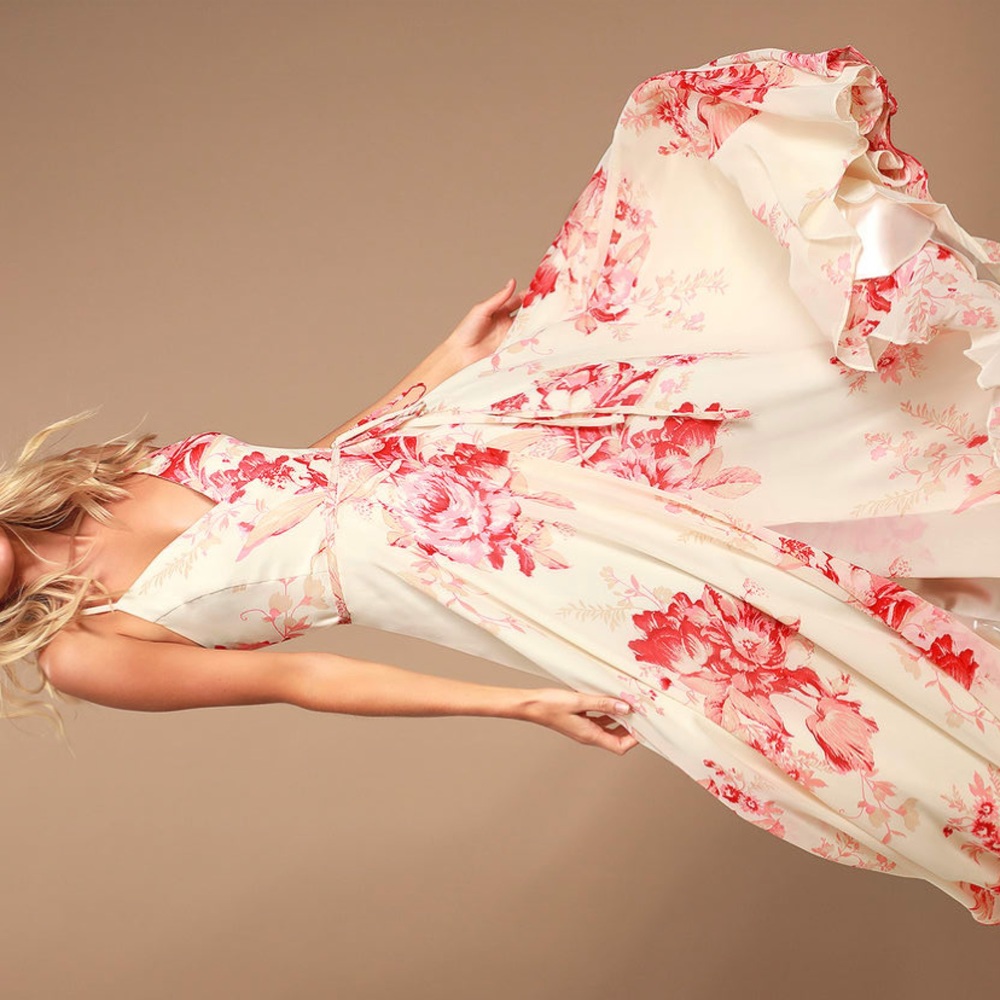 White with red flower maxi dress! Perfect for engagement photos! From Lulus